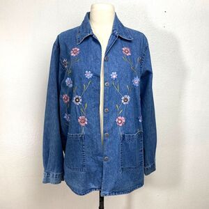 Vtg Agapo Chore Jacket Blouse Top Large Petite Denim Floral Embroidery Country